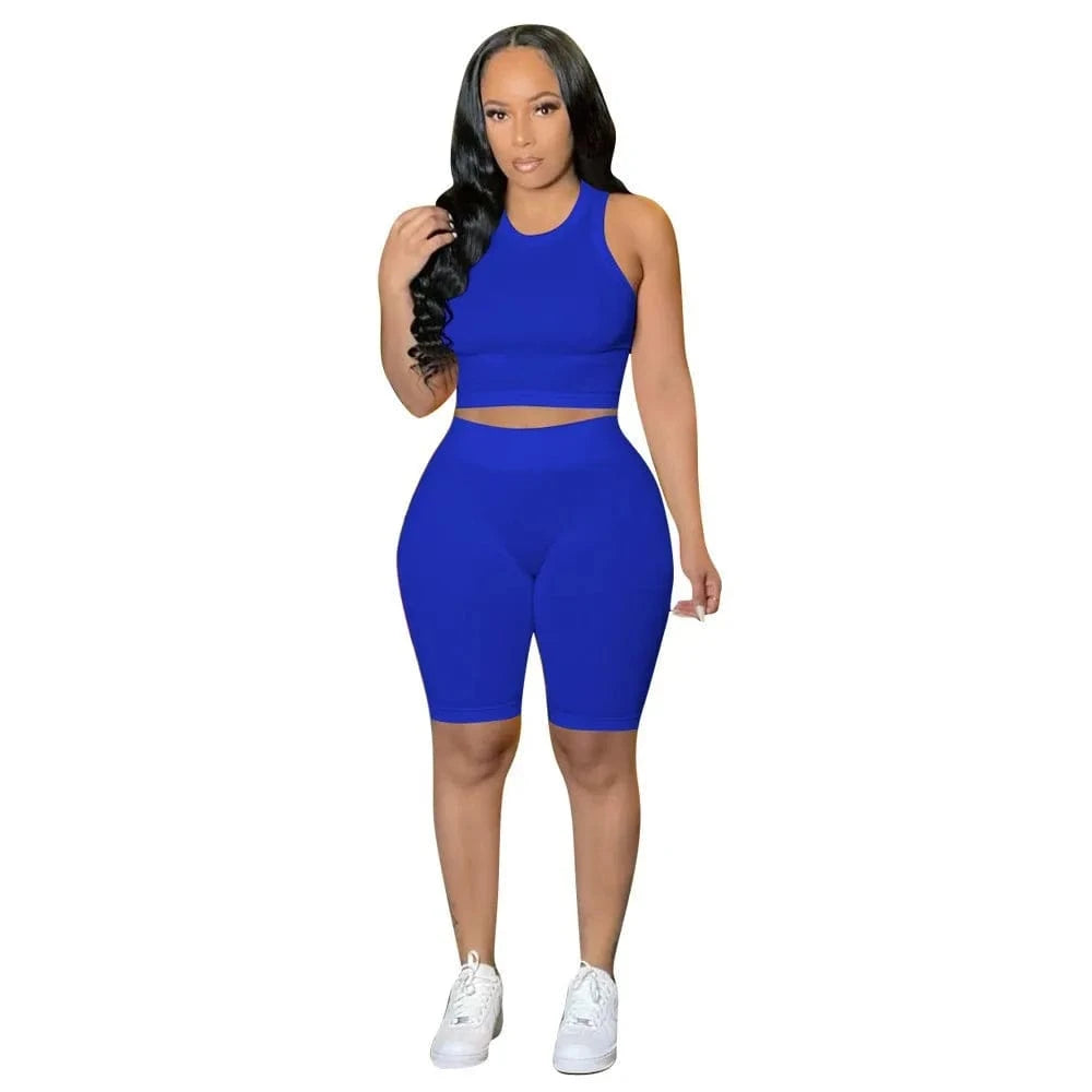 Custom Logo Knit Active Yoga Fitness Women Two 2 Piece Set Outfits Sport Tracksuit Fashion Tank Tops Legging Biker Shorts Set