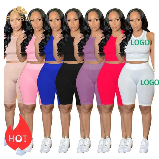 Custom Logo Knit Active Yoga Fitness Women Two 2 Piece Set Outfits Sport Tracksuit Fashion Tank Tops Legging Biker Shorts Set