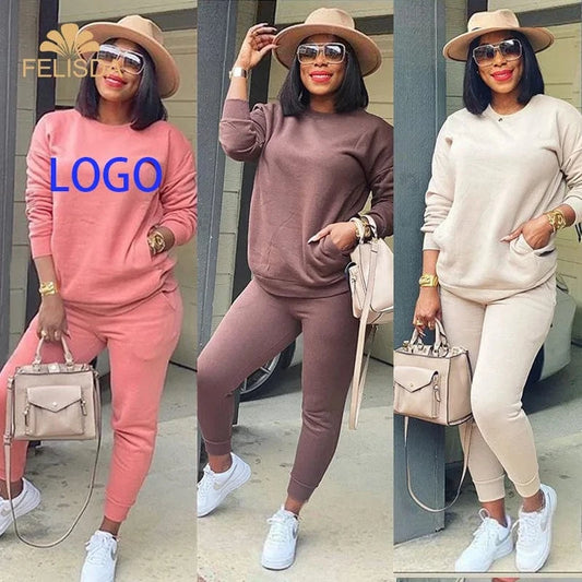 Custom Logo Ladies Blank Pullover Sweatshirt Sweatpants 2 Piece Set Fall Winter Clothes Tracksuit for Women