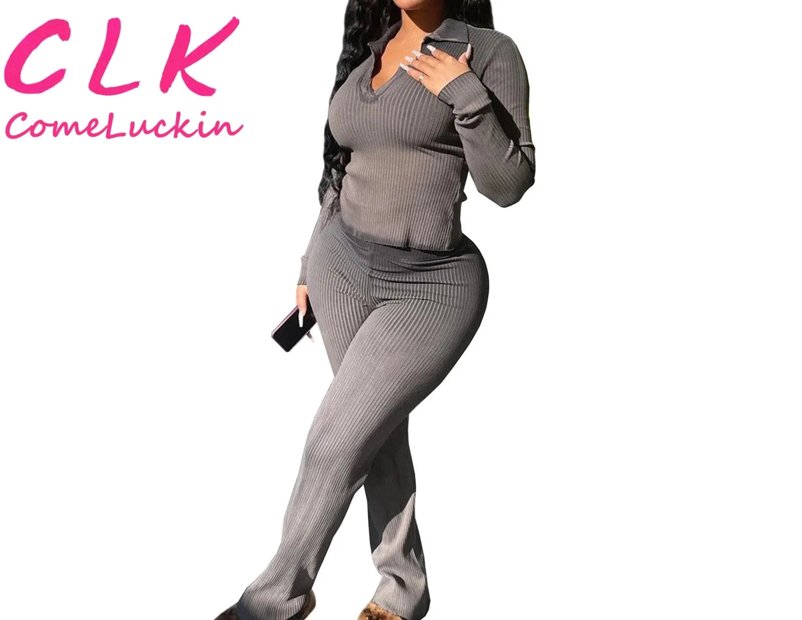 Custom Logo Ribbed 2 Two Piece Sets Tracksuit Women Matching Sets Spring Outfits 2024 Long Sleeve T Shirts And Pants Sets