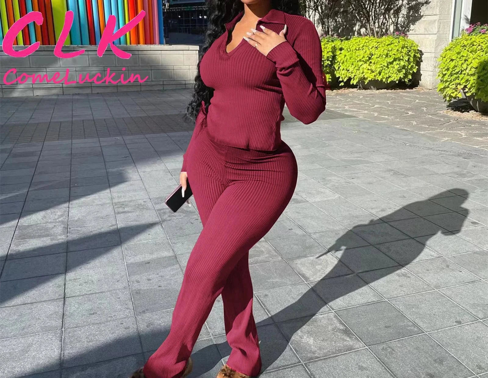 Custom Logo Ribbed 2 Two Piece Sets Tracksuit Women Matching Sets Spring Outfits 2024 Long Sleeve T Shirts And Pants Sets