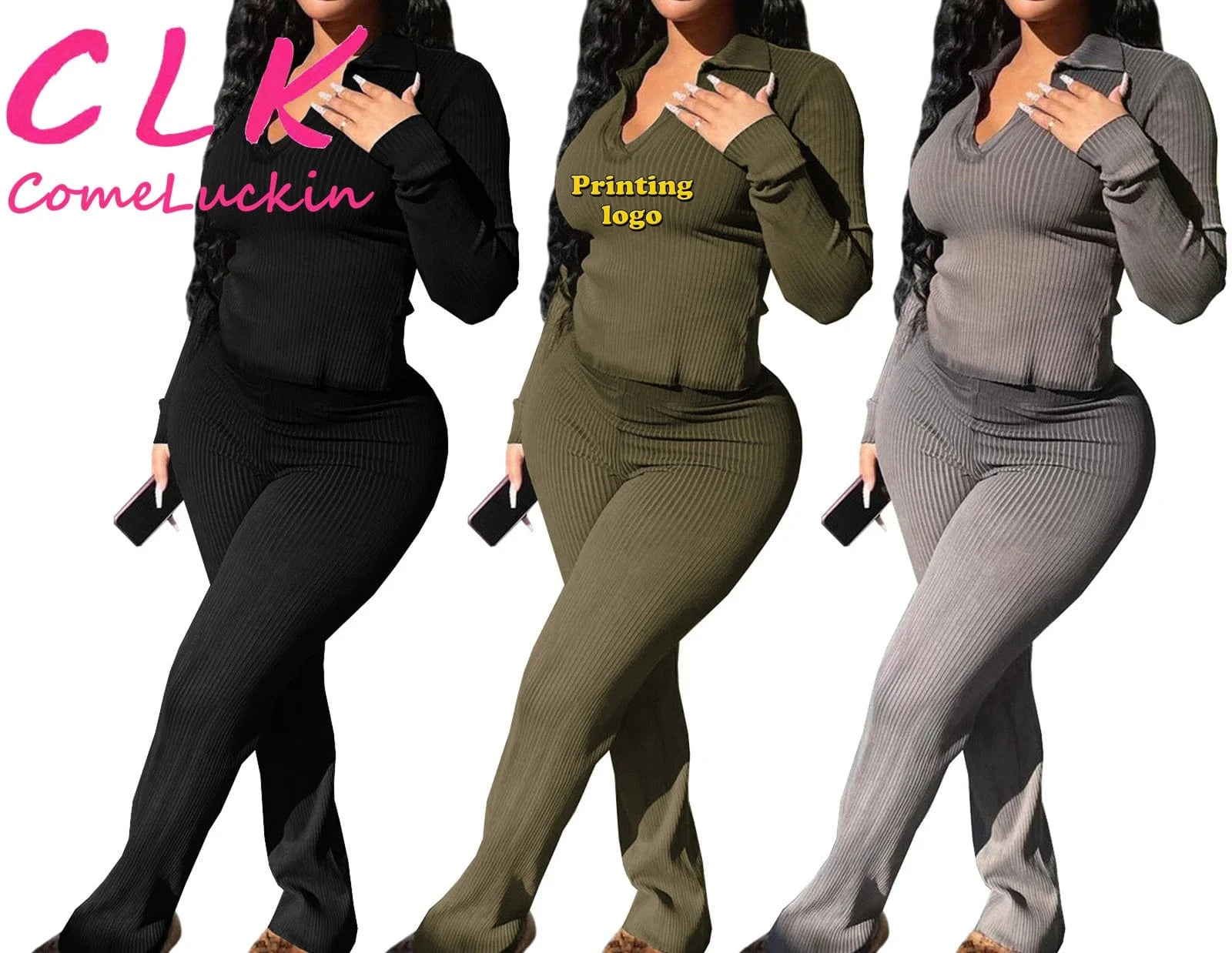 Custom Logo Ribbed 2 Two Piece Sets Tracksuit Women Matching Sets Spring Outfits 2024 Long Sleeve T Shirts And Pants Sets