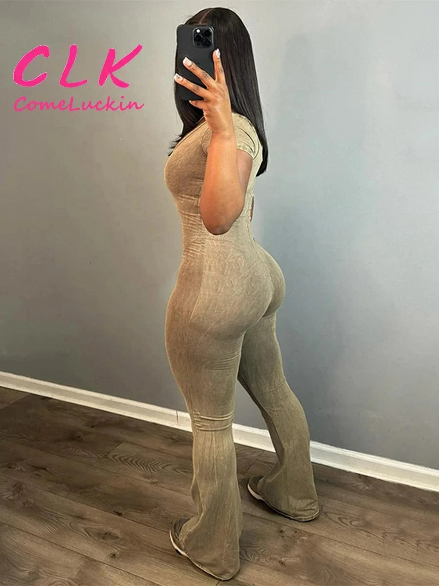 Custom Logo Short Sleeve Flare Jumpsuits Baddie Outfits for Woman Spring 2024 Casual All in One Jumpsuit Women