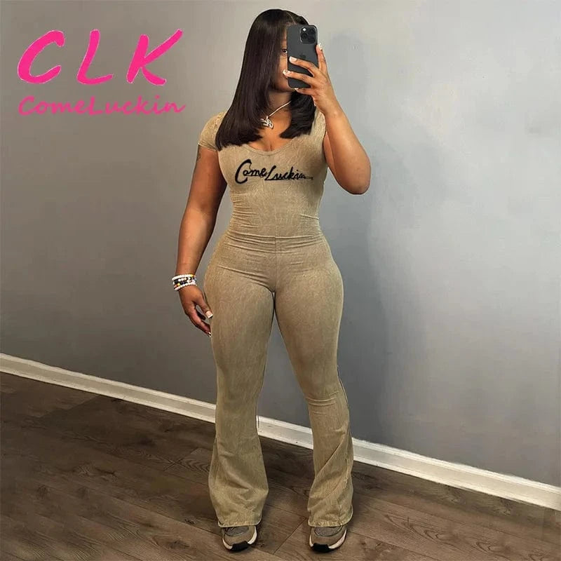 Custom Logo Short Sleeve Flare Jumpsuits Baddie Outfits for Woman Spring 2024 Casual All in One Jumpsuit Women