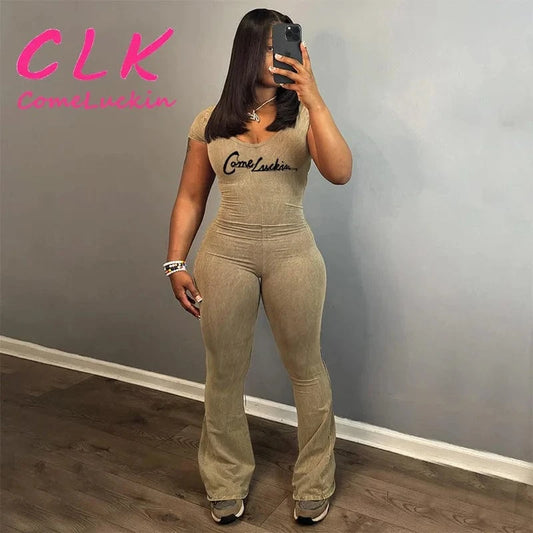 Custom Logo Short Sleeve Flare Jumpsuits Baddie Outfits for Woman Spring 2024 Casual All in One Jumpsuit Women