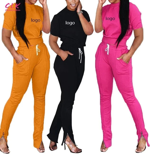 Custom Logo Short Sleeves Sweat Suits Fashion Women Joggers Suits Sets Polyester Feet Zip Training Jogging Wear For Women