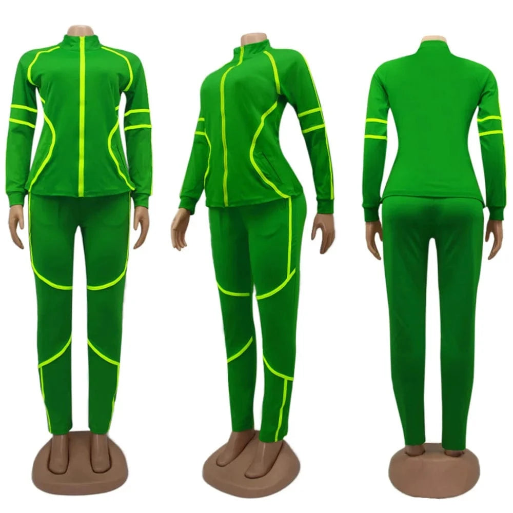 Custom Logo Splicing Women Two Piece Outfits Zip Top Jacket Elastic Jogging Pants Streetwear Casual Sweatsuit Tracksuit Set