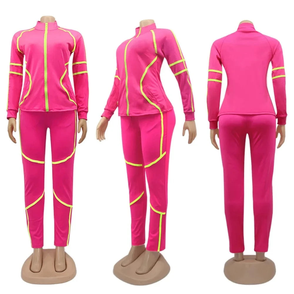 Custom Logo Splicing Women Two Piece Outfits Zip Top Jacket Elastic Jogging Pants Streetwear Casual Sweatsuit Tracksuit Set