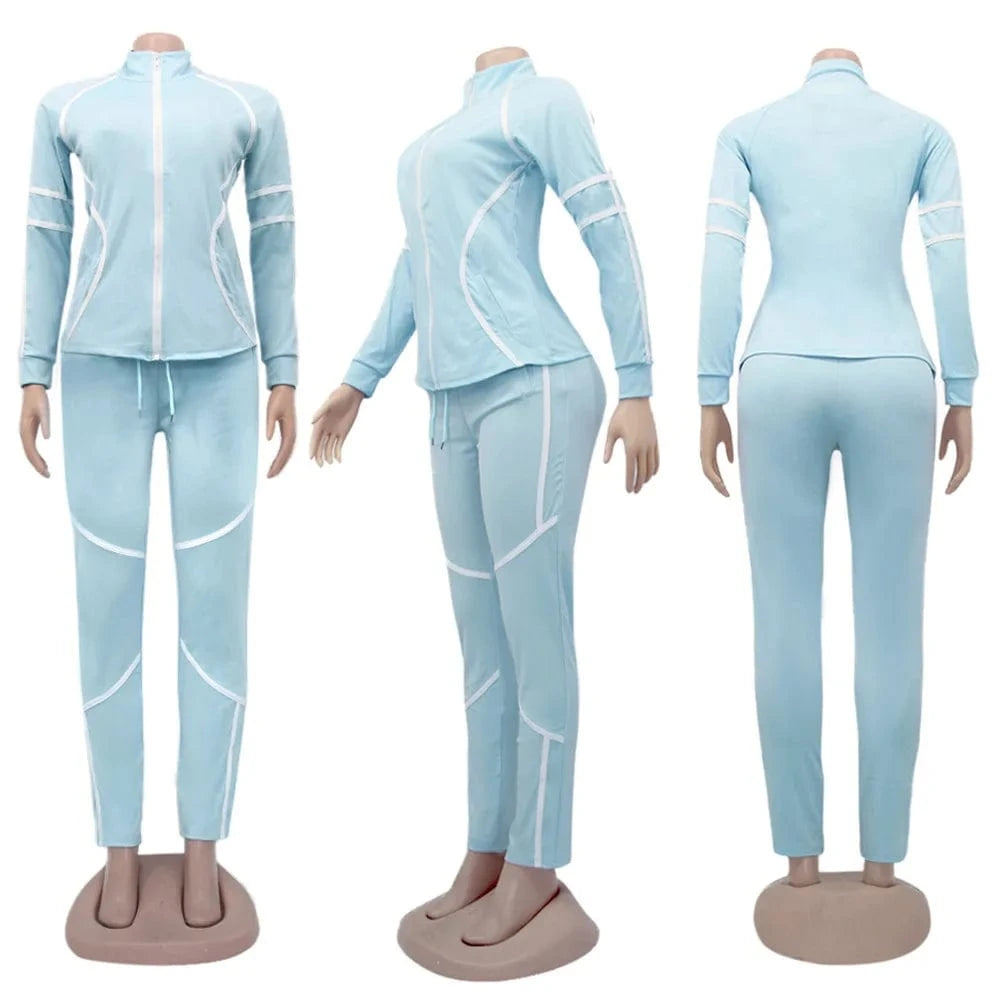 Custom Logo Splicing Women Two Piece Outfits Zip Top Jacket Elastic Jogging Pants Streetwear Casual Sweatsuit Tracksuit Set
