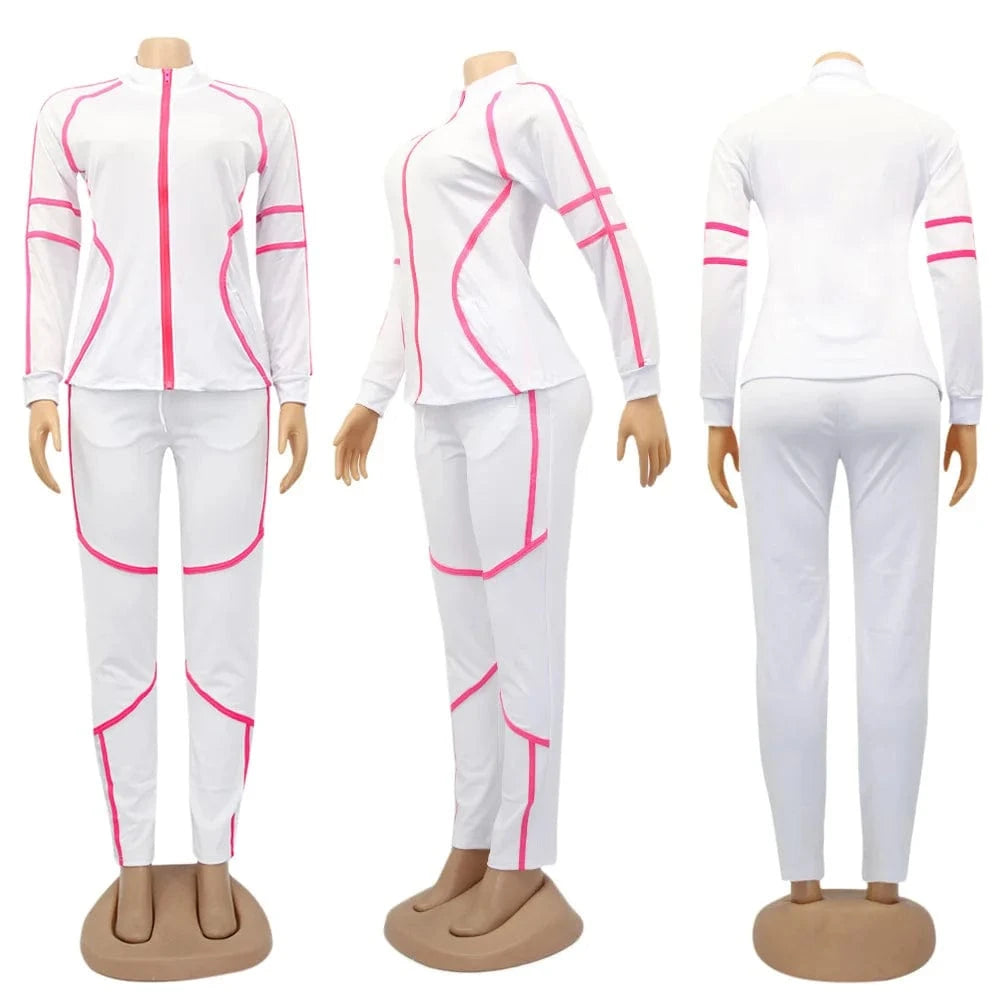 Custom Logo Splicing Women Two Piece Outfits Zip Top Jacket Elastic Jogging Pants Streetwear Casual Sweatsuit Tracksuit Set