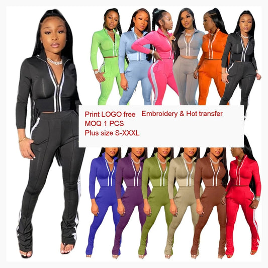 Custom LOGO spring 2023 Women Clothes Casual Jogging 2 Piece Set Long Sleeve Solid Sports Two Piece Pant Sets For Women Clothing