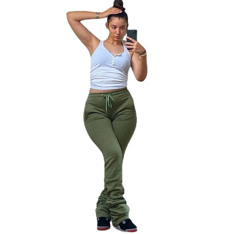 Custom Logo Stacked Sweatpants Women Fashion Fall Sports Joggers Drawstring Trousers Casual High Waist Women Stacked Pants