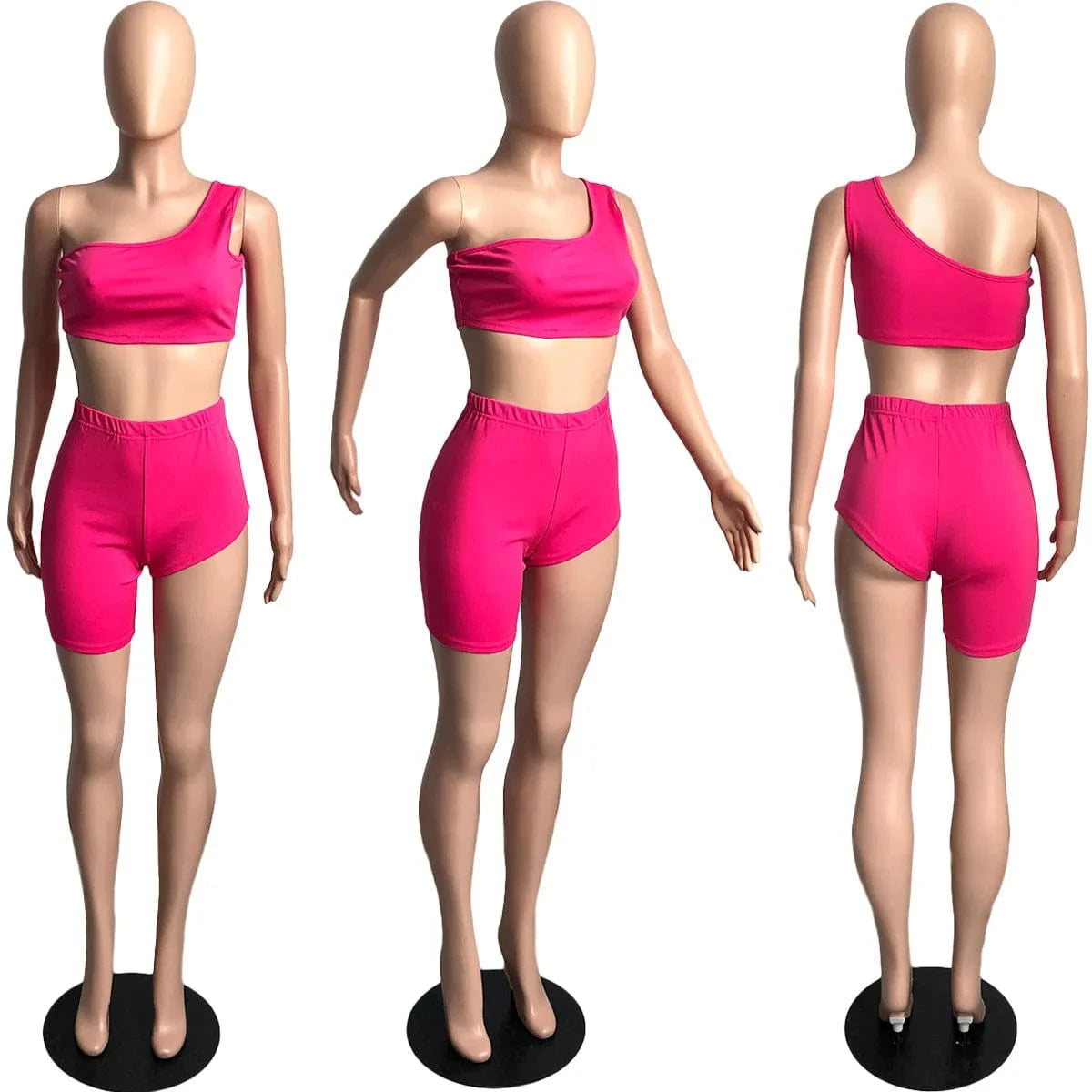 Custom Logo Summer Solid Color Skinny Sleeveless Vest One Shoulder Crop Top Irregular Shorts 2Pcs Two Piece Short Set