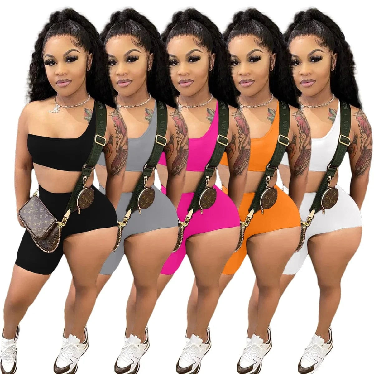 Custom Logo Summer Solid Color Skinny Sleeveless Vest One Shoulder Crop Top Irregular Shorts 2Pcs Two Piece Short Set