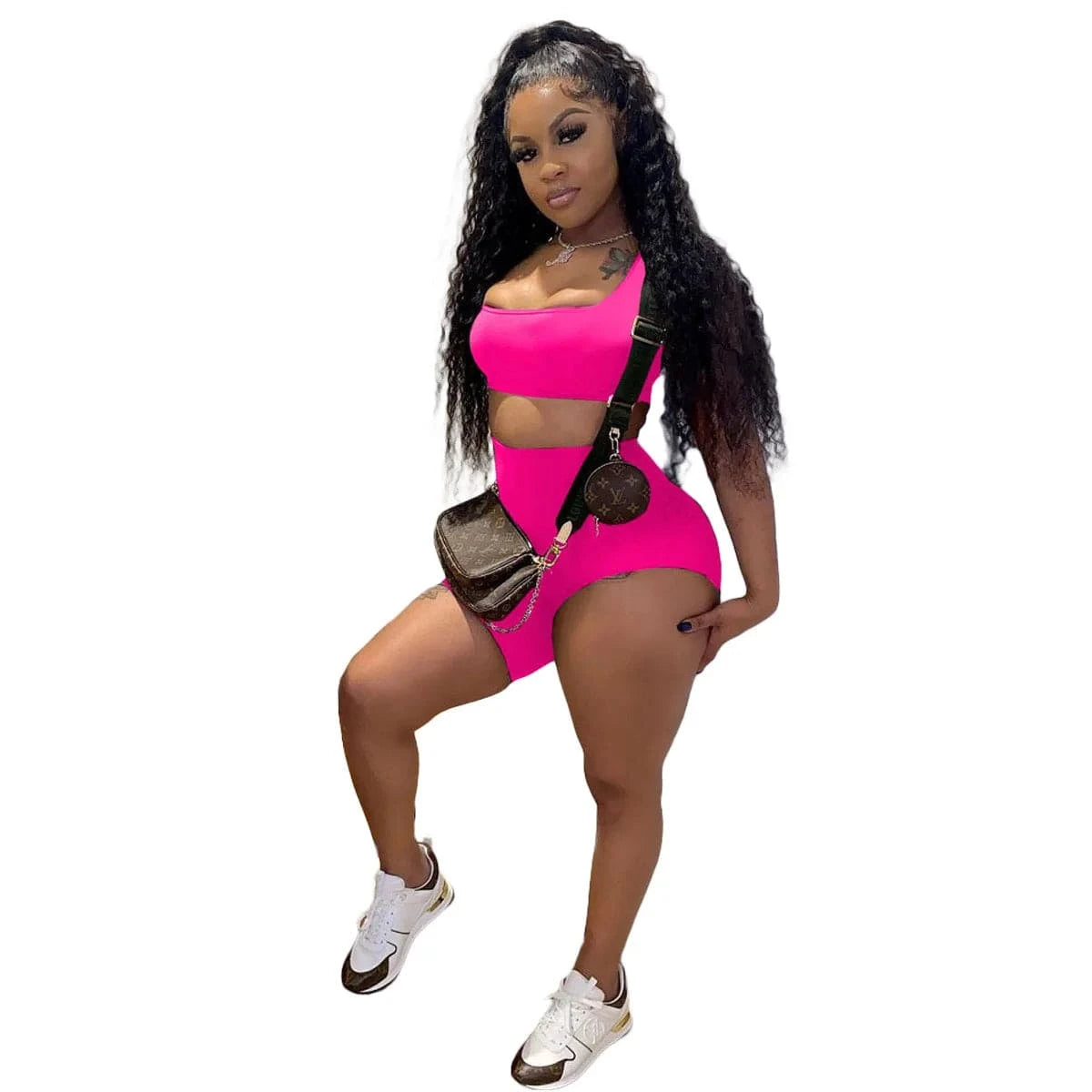 Custom Logo Summer Solid Color Skinny Sleeveless Vest One Shoulder Crop Top Irregular Shorts 2Pcs Two Piece Short Set