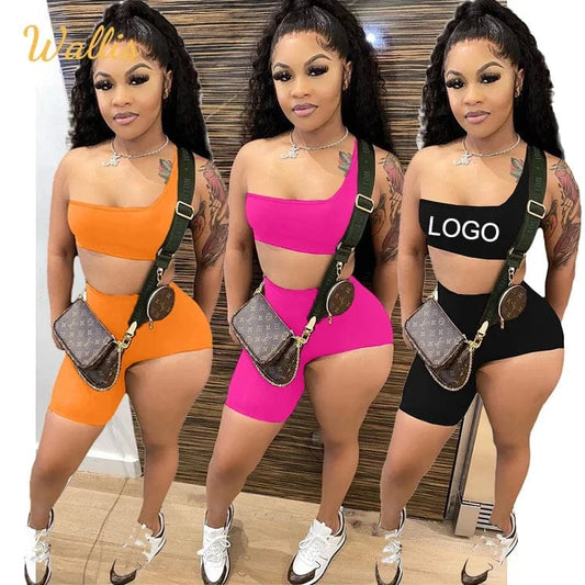Custom Logo Summer Solid Color Skinny Sleeveless Vest One Shoulder Crop Top Irregular Shorts 2Pcs Two Piece Short Set