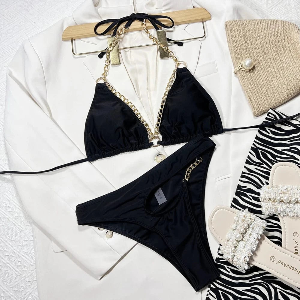 Custom Logo Women 2 Piece Bikinis 2024 Women Swimwear Solid Chain Bikini Set Female Swimsuit String Bathing Suits Biquini