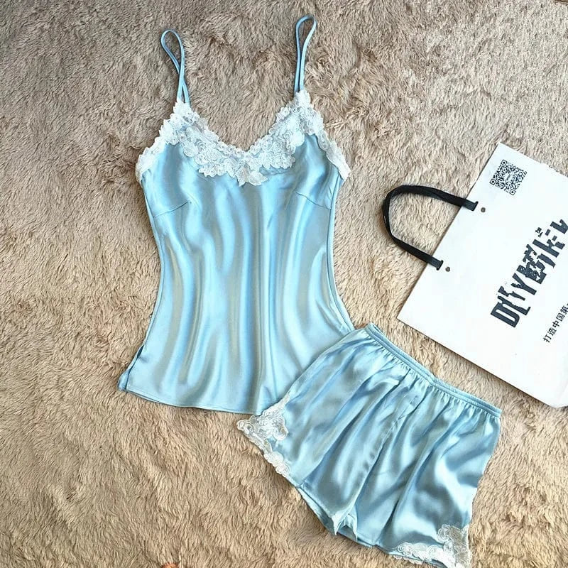 Custom Logos Silk Pajamas Ladies Night Two Pieces Sleep Wear Pyjamas 2 Piece Shorts Set Women Clothing 2024 Summer
