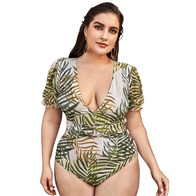Custom One Piece Swimsuit Short Sleeve Deep V Neck Printed Slimming Recycled Nylon Wireless Plus Size Swimwear 2023