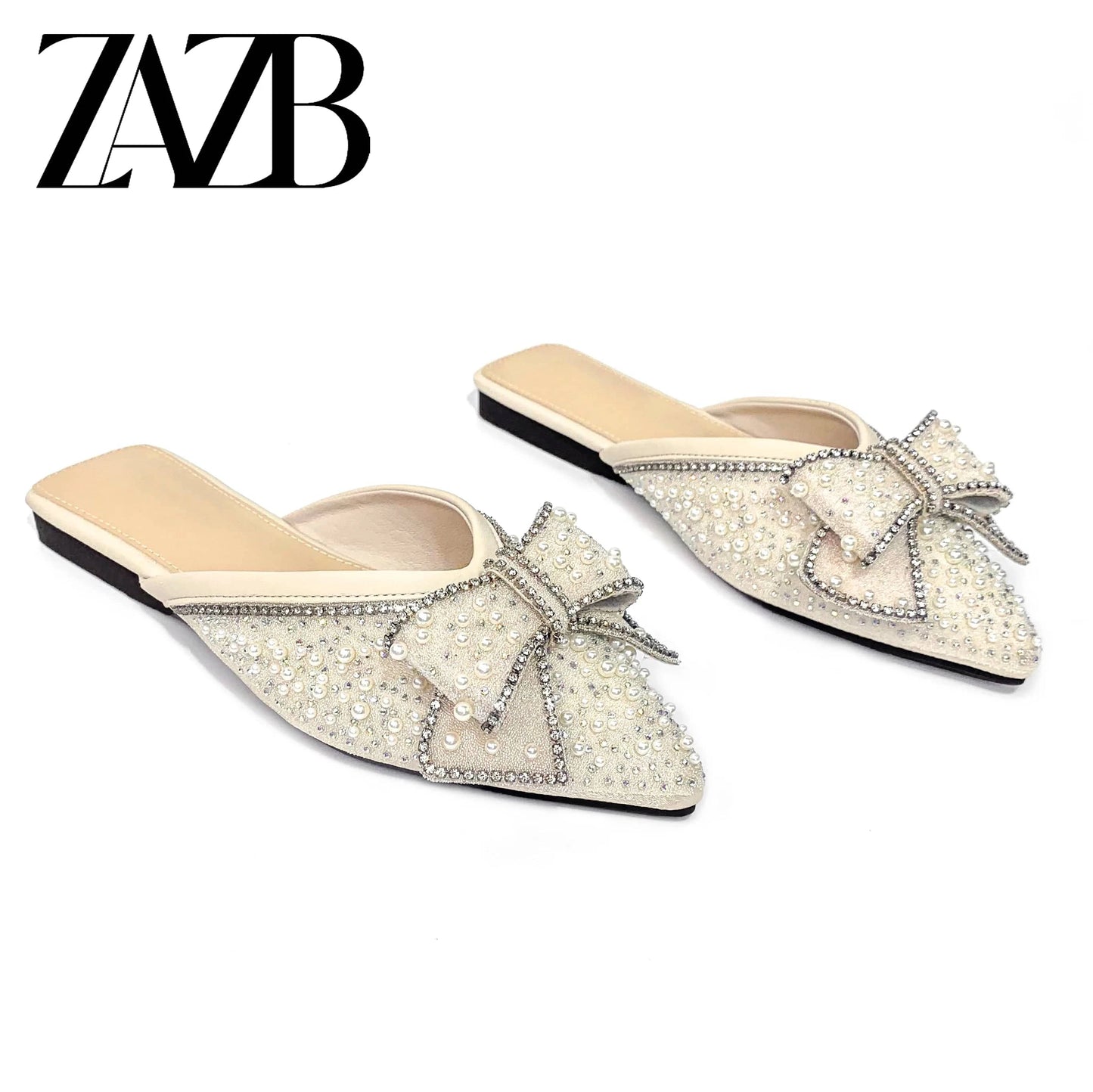 Custom rhinestone bow pointed head designer shoes sandal for women and ladies flat slipper shoes luxury femmes fashion