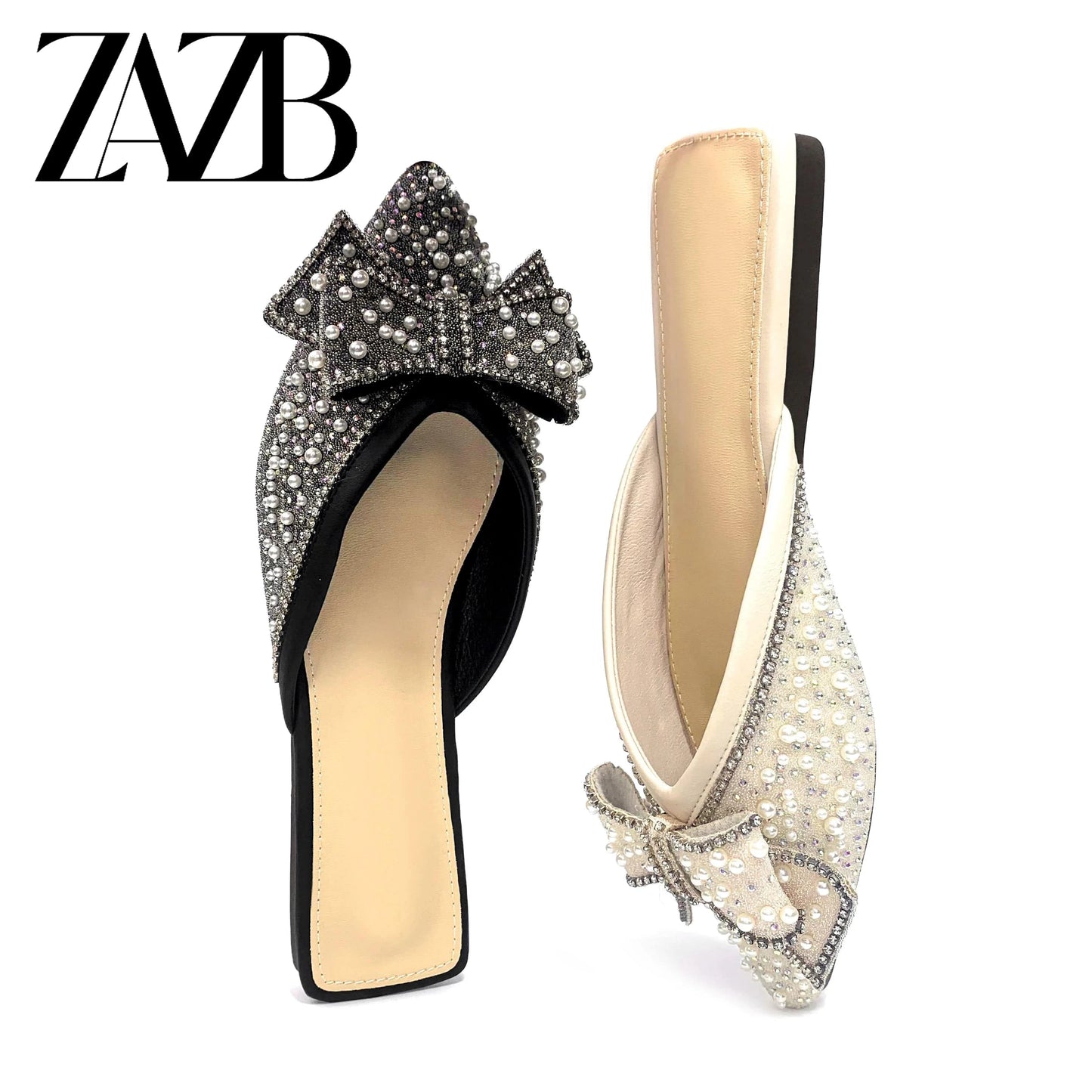 Custom rhinestone bow pointed head designer shoes sandal for women and ladies flat slipper shoes luxury femmes fashion