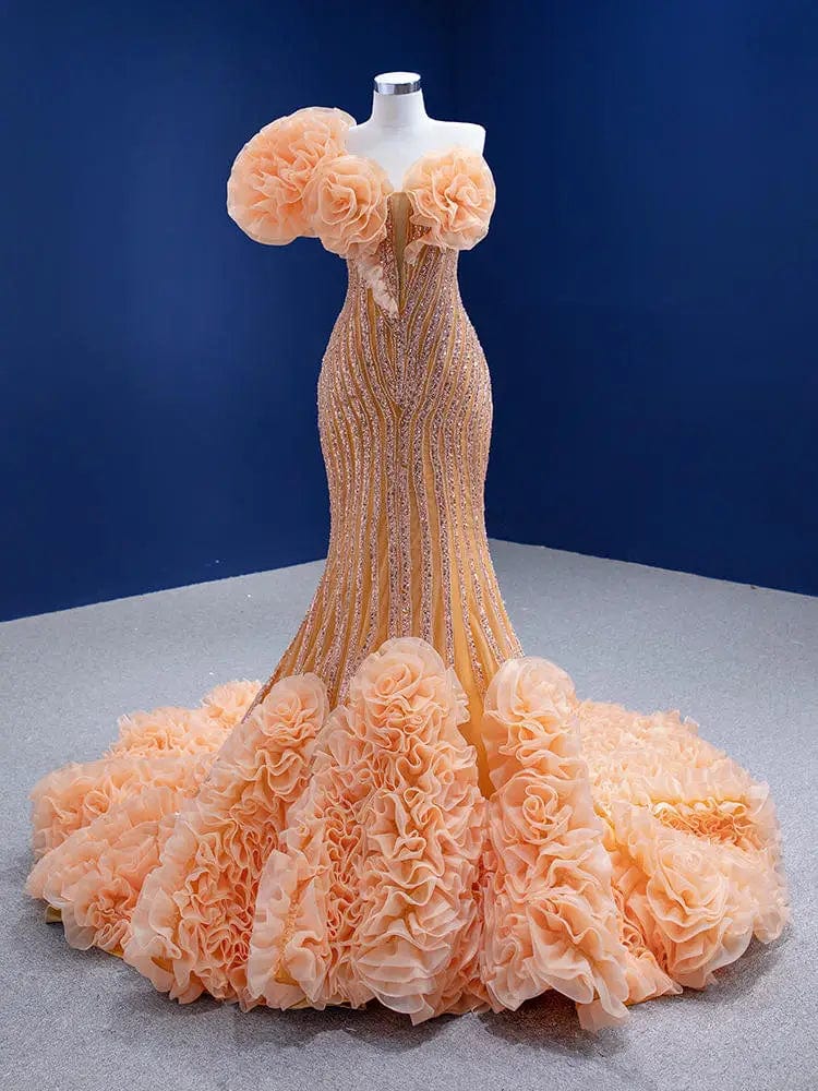 custom size(Bust Waist Hips) / YMN67357 light orange Ocstrade Banquet Luxury Ruffle Shoulder Mermaid Lace Up Sleeveless Flowers Backless Maxi Chic Evening Dress For Women Ladies