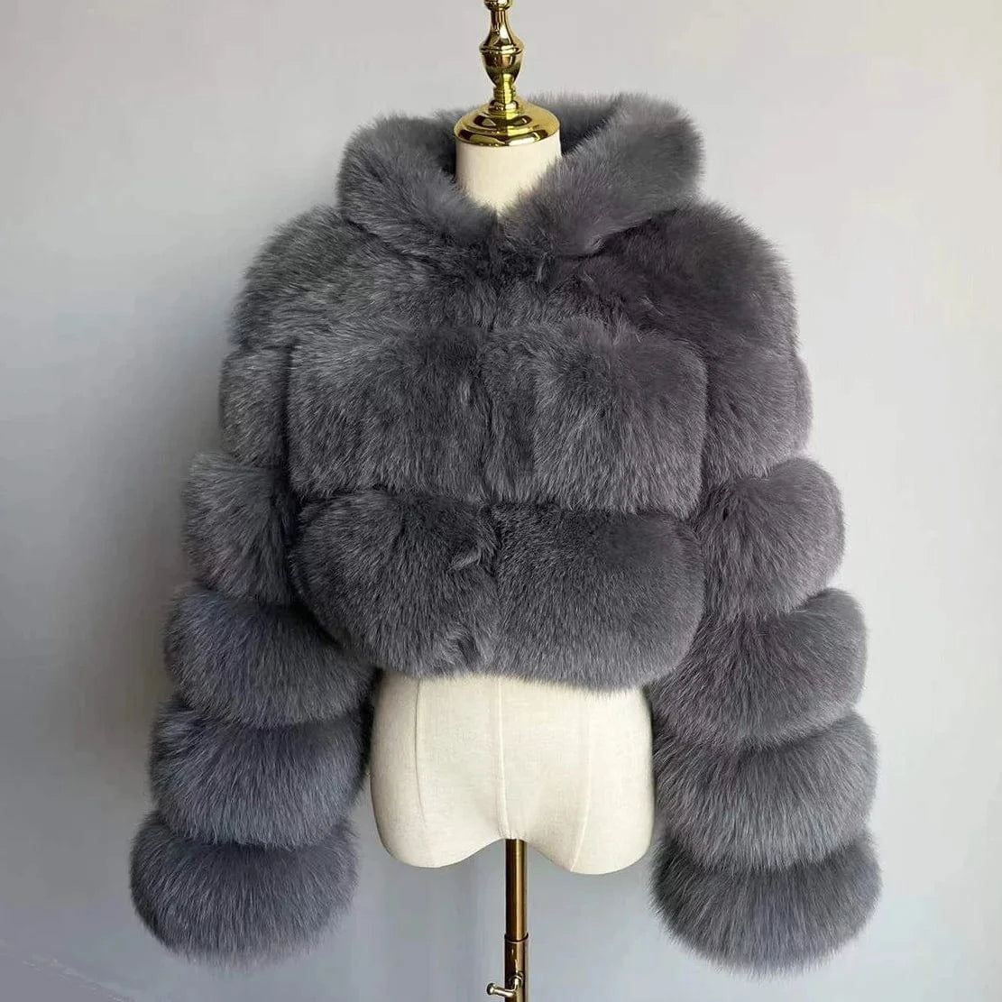 custom sizes / iron grey QIUCHEN QC21159 Cropped Hooded Jacket Custom Color Label ladies winter warm fluffy fur real fox fur coat