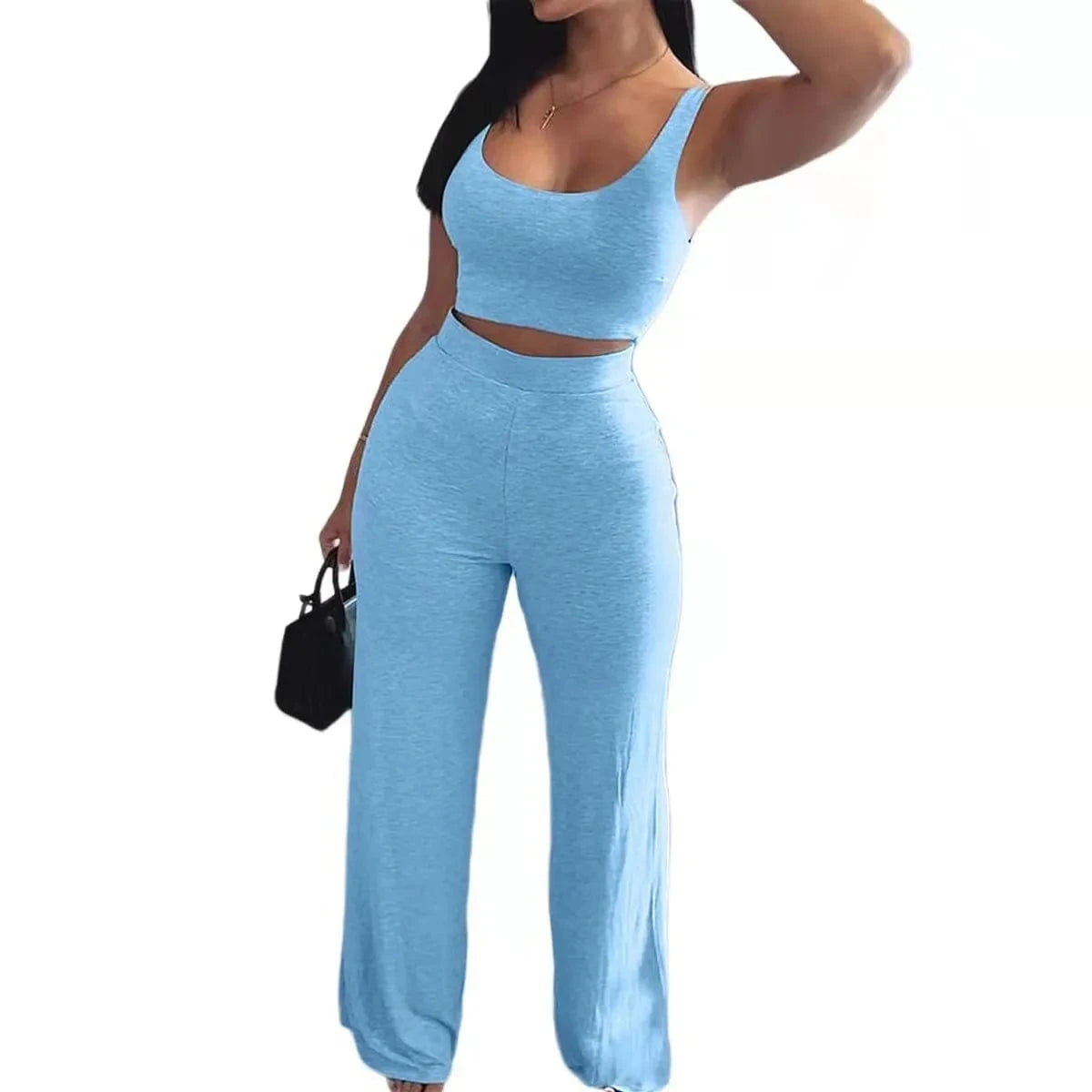 Custom Solid Color Crop Tops Short Tank Long Pants Suits Sweatpants Women Clothing Summer Women Two Piece Pants Set