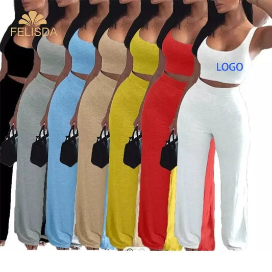 Custom Solid Color Crop Tops Short Tank Long Pants Suits Sweatpants Women Clothing Summer Women Two Piece Pants Set