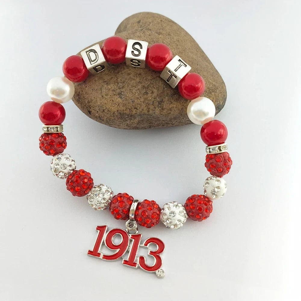 Custom Sorority Letters DELTA DST University Black Women Society Metal Bead Charm Handmade Pearl Elastic Bracelet Bangle Jewelry