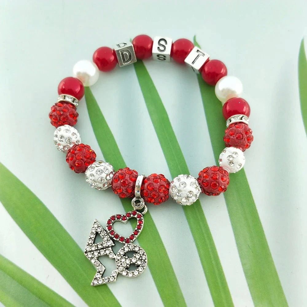 Custom Sorority Letters DELTA DST University Black Women Society Metal Bead Charm Handmade Pearl Elastic Bracelet Bangle Jewelry