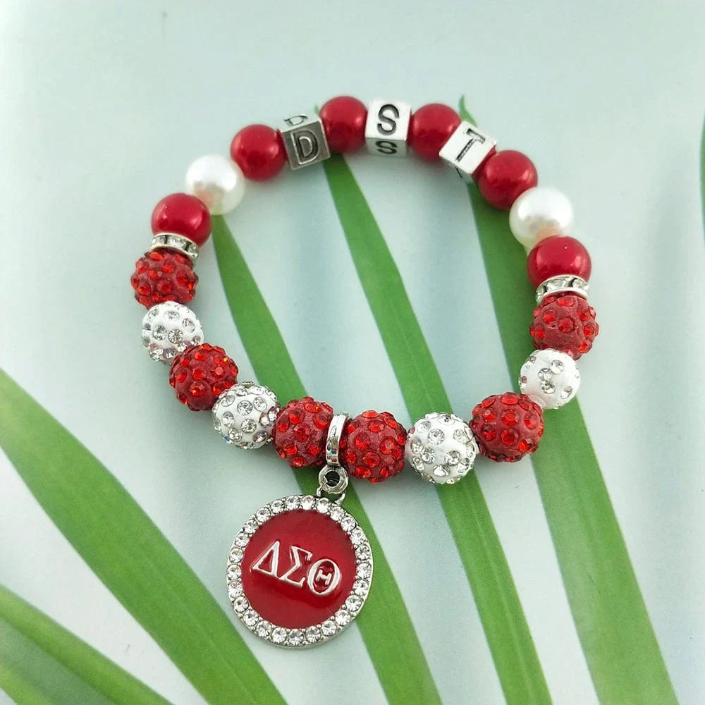 Custom Sorority Letters DELTA DST University Black Women Society Metal Bead Charm Handmade Pearl Elastic Bracelet Bangle Jewelry