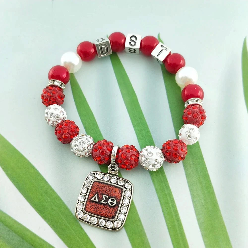 Custom Sorority Letters DELTA DST University Black Women Society Metal Bead Charm Handmade Pearl Elastic Bracelet Bangle Jewelry
