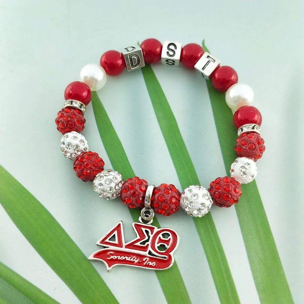 Custom Sorority Letters DELTA DST University Black Women Society Metal Bead Charm Handmade Pearl Elastic Bracelet Bangle Jewelry