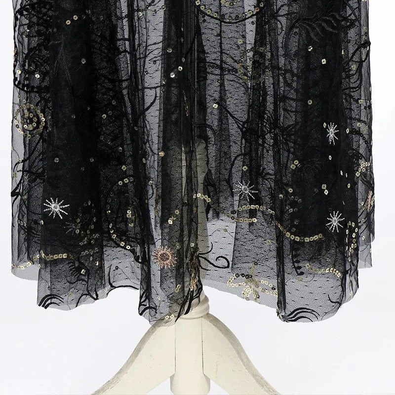 Custom Stylish Women Dress Boutique Black Transparent Mesh Gold Embellished Sequin Evening Party Round Neck Sleeveless Dress