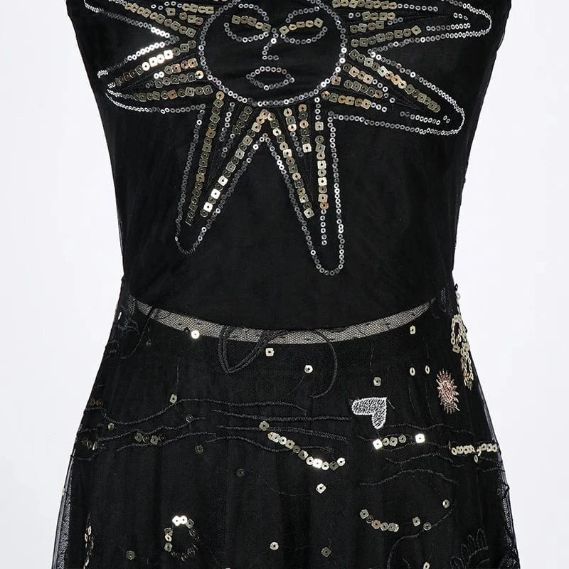 Custom Stylish Women Dress Boutique Black Transparent Mesh Gold Embellished Sequin Evening Party Round Neck Sleeveless Dress