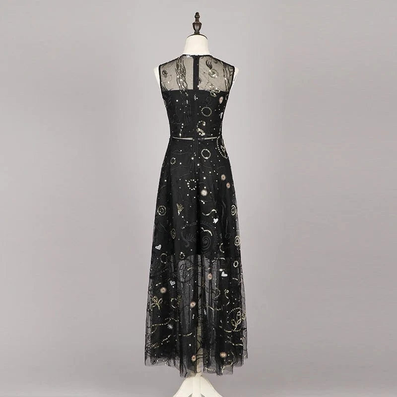 Custom Stylish Women Dress Boutique Black Transparent Mesh Gold Embellished Sequin Evening Party Round Neck Sleeveless Dress