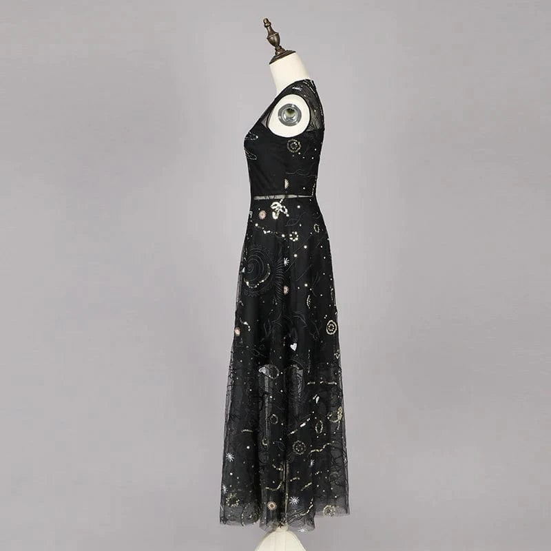 Custom Stylish Women Dress Boutique Black Transparent Mesh Gold Embellished Sequin Evening Party Round Neck Sleeveless Dress