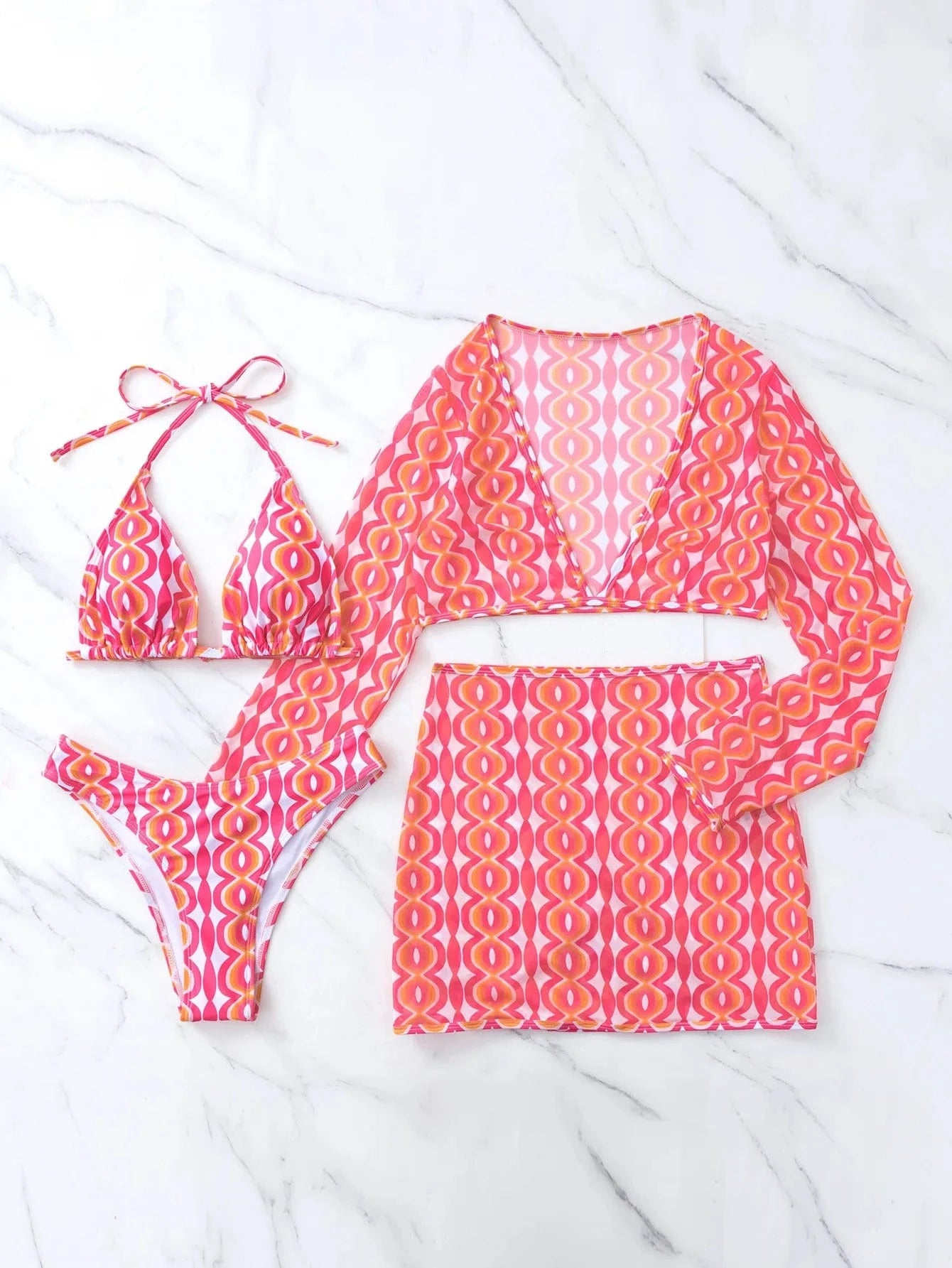 Custom Swimwear 4 Piece Micro Bikini with Mesh Long Sleeve and Skirt Cover Up Women's Swimsuit Sexy 2024 New Trend Bathing Suits