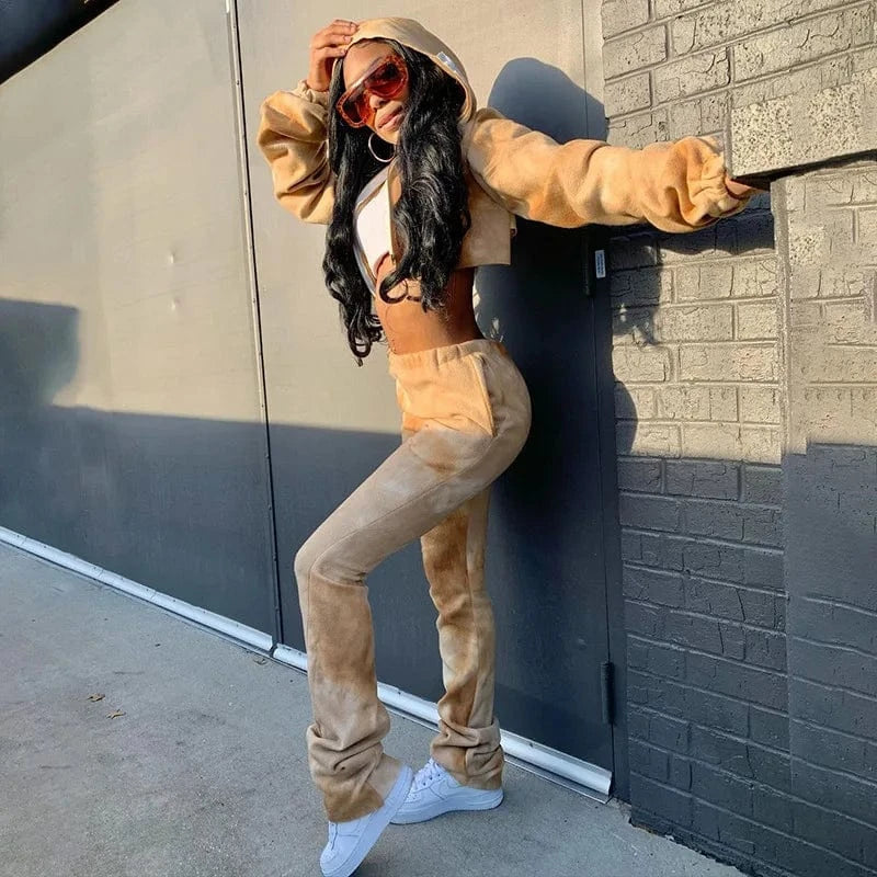 Custom Tie Dye Print Winter Two Piece Pants Set Fall Women's Clothing Zipper Crop Hoodies Jogger Sweatsuits 2024