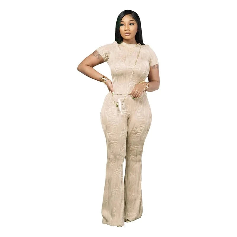 custom women casual clothing summer 2024 solid pleated full length pants and short sleeve top t shirt two 2 piece set for women