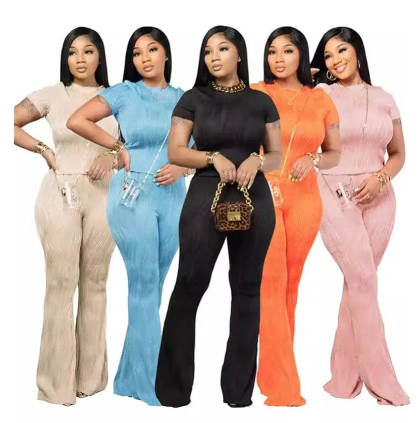 custom women casual clothing summer 2024 solid pleated full length pants and short sleeve top t shirt two 2 piece set for women