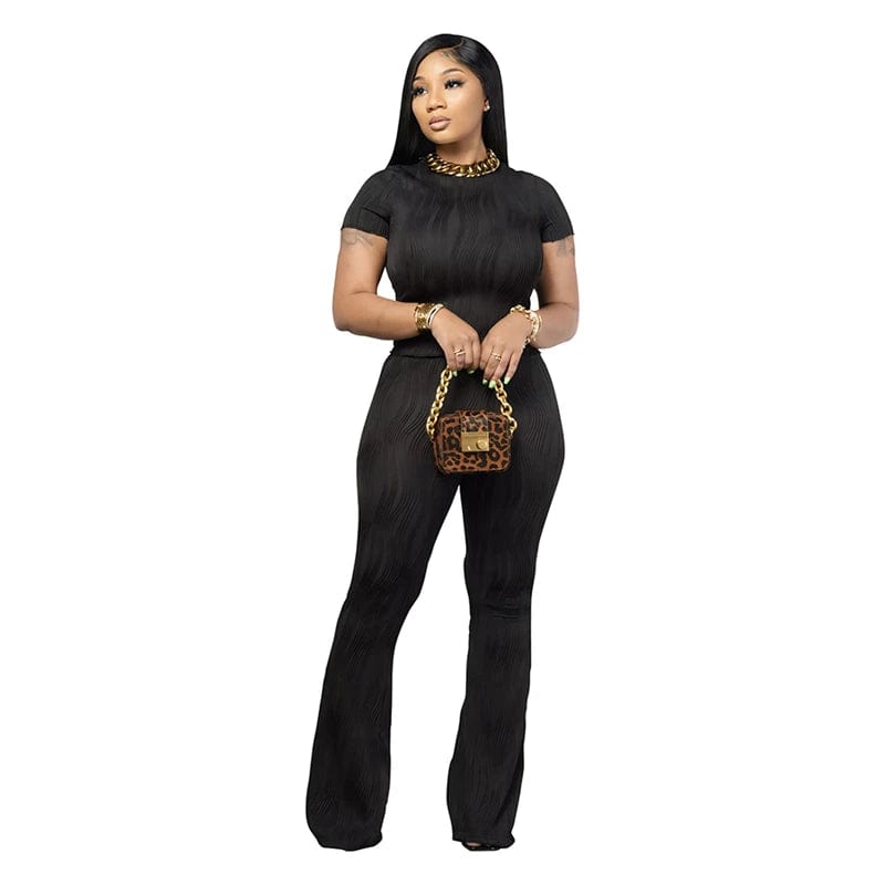 custom women casual clothing summer 2024 solid pleated full length pants and short sleeve top t shirt two 2 piece set for women