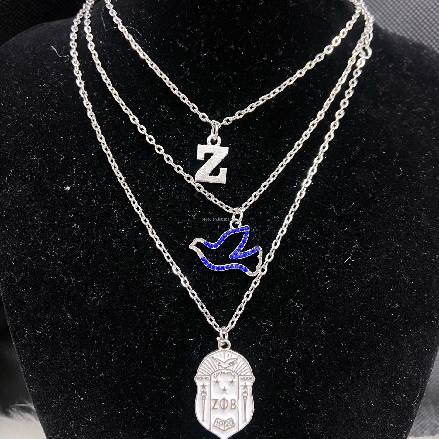 Custom Zeta Phi Beta Sorority Silver Greek Letter Z Rhinestone Dove White Shield Pendants 3 Layers Necklace Set Jewelry