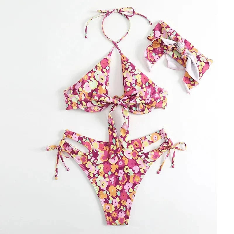 Customization Bikini Set 2024 Girls Sexy Bathing Suits Spaghetti Strap Flower Swimwear Underwire Swimsuit Push Up