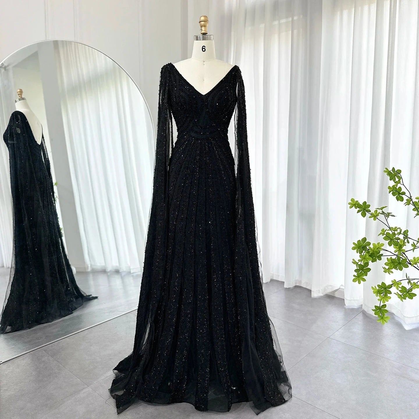 customize / 1 Black Arabic Mermaid Evening Dresses With Cape Sleeves 2023 Luxury Beaded Dubai For Women Wedding Party Gowns Sz218