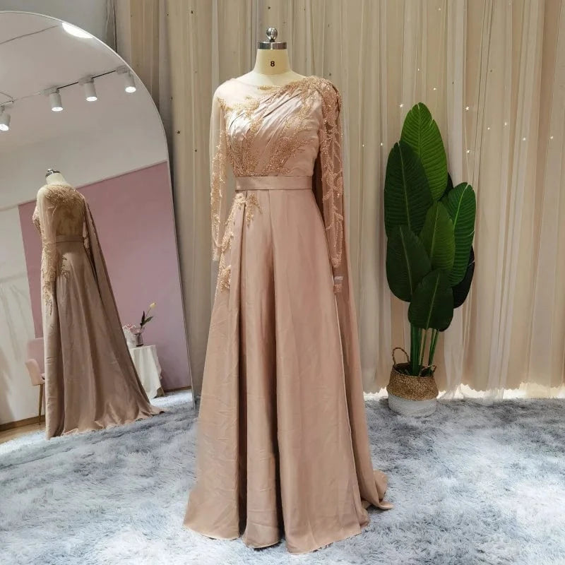 customize / 1 Lscz167 Arabic One Shoulder Olive Green Muslim Evening Dress With Cape Long Sleeves Dubai Women Wedding Party Gowns Elegant Plus