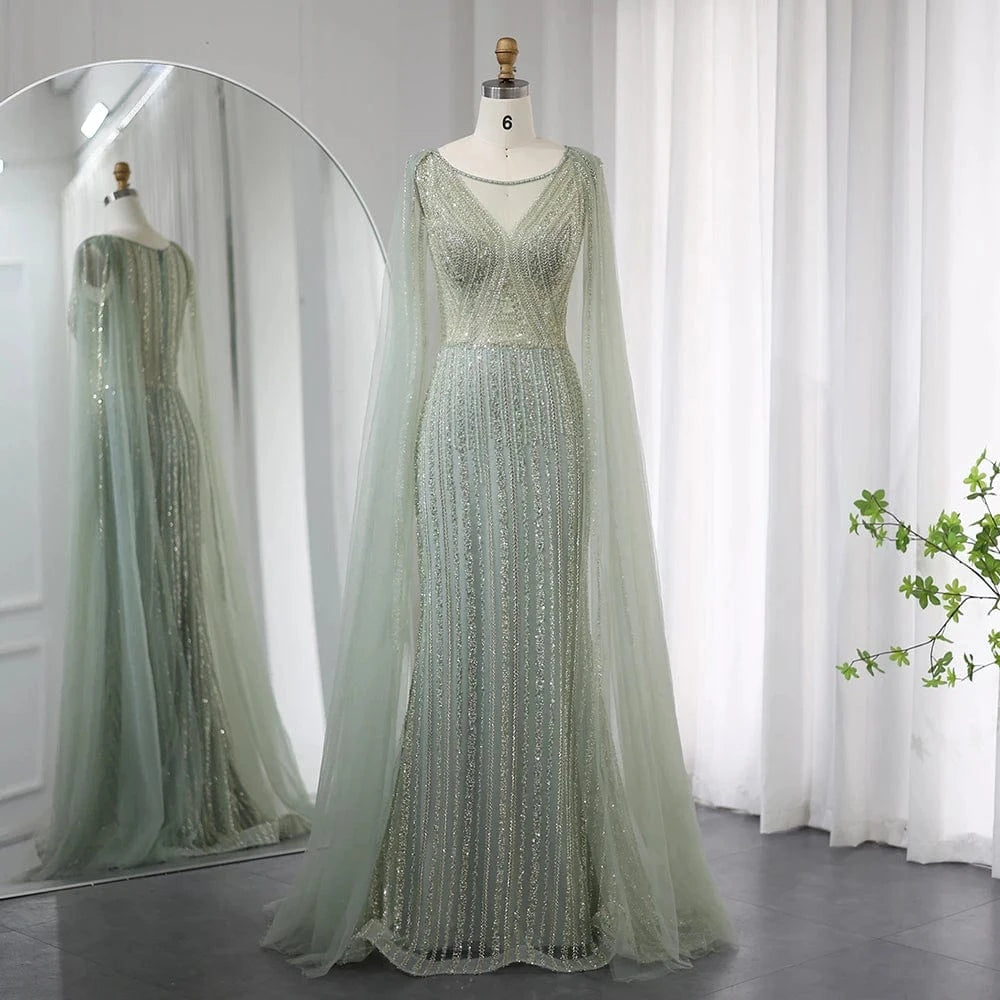 customize / 2 Saudi Aabira Sage Green Long Evening Dress With Cape Sleeves Luxury Plus Size Women Wedding Formal Party Gowns Sz086