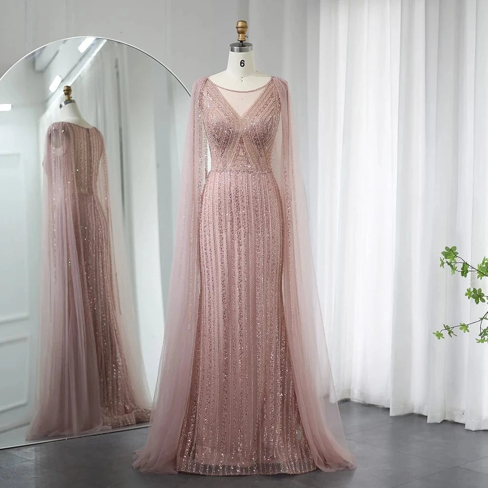 customize / 3 Saudi Aabira Sage Green Long Evening Dress With Cape Sleeves Luxury Plus Size Women Wedding Formal Party Gowns Sz086