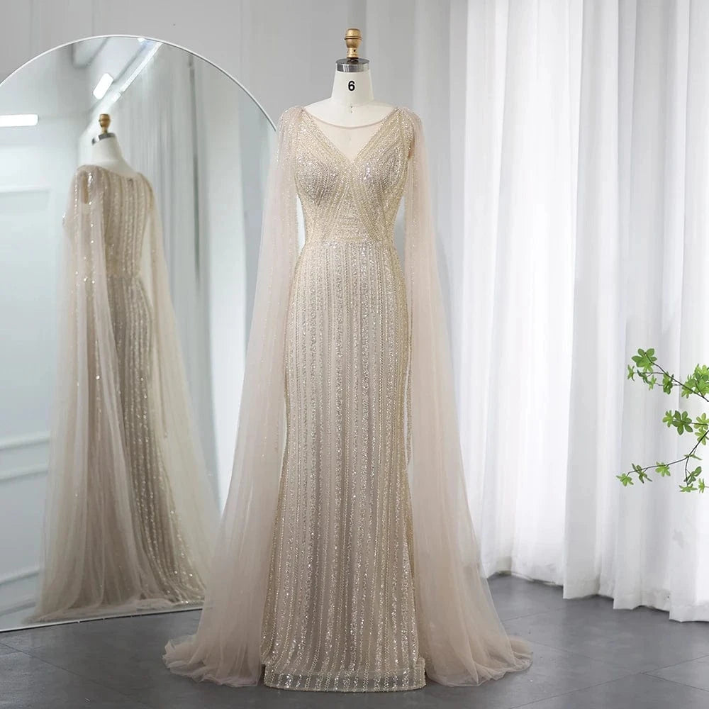 customize / 4 Saudi Aabira Sage Green Long Evening Dress With Cape Sleeves Luxury Plus Size Women Wedding Formal Party Gowns Sz086